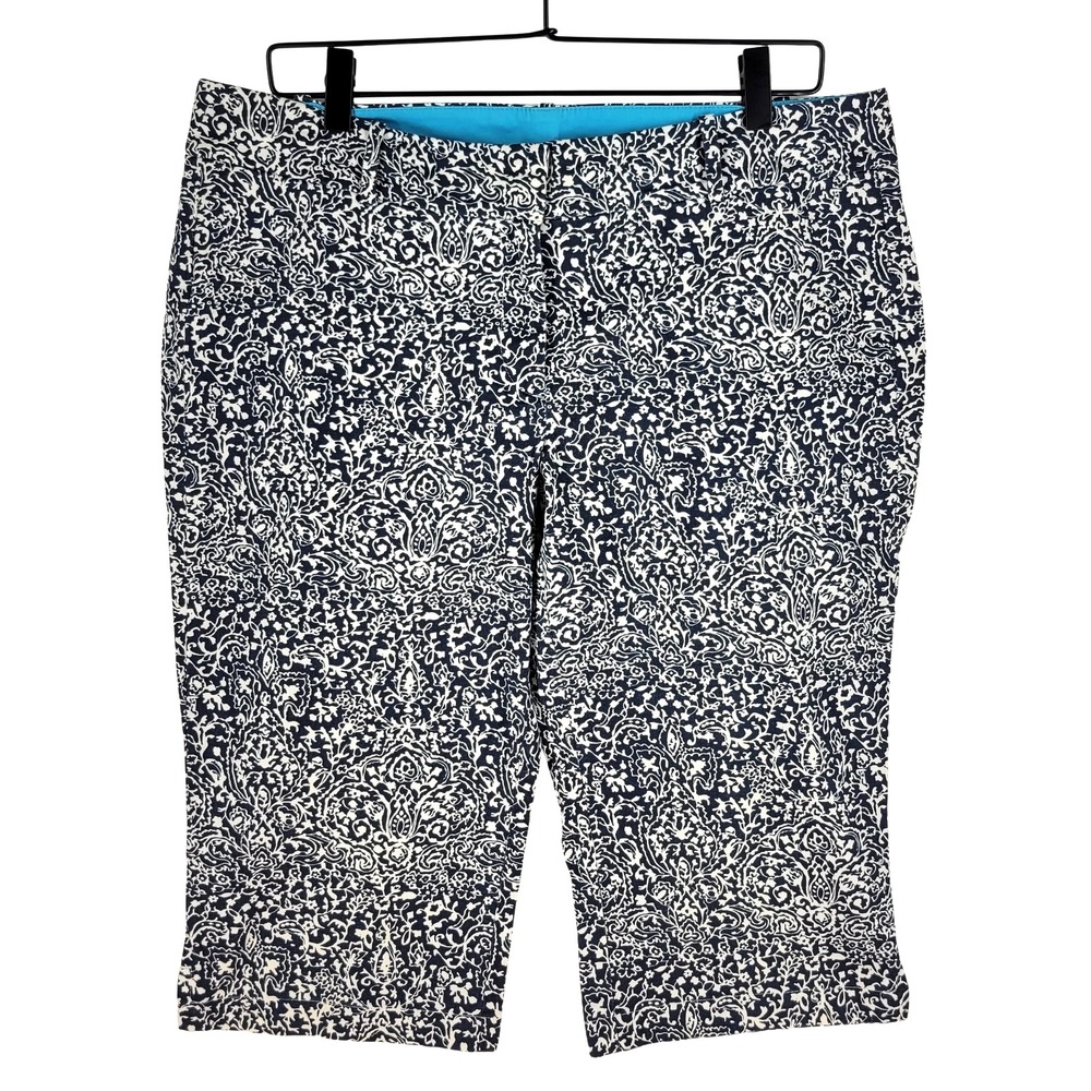 Ann Taylor Margo Cropped Pants Womens 12 Navy White Abstract Floral Stretch‎